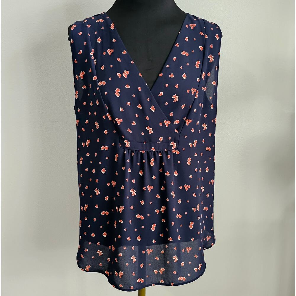 EUC LOFT Outlet Women's Navy Sleeveless Red Hearts Print Flowy Blouse Top M